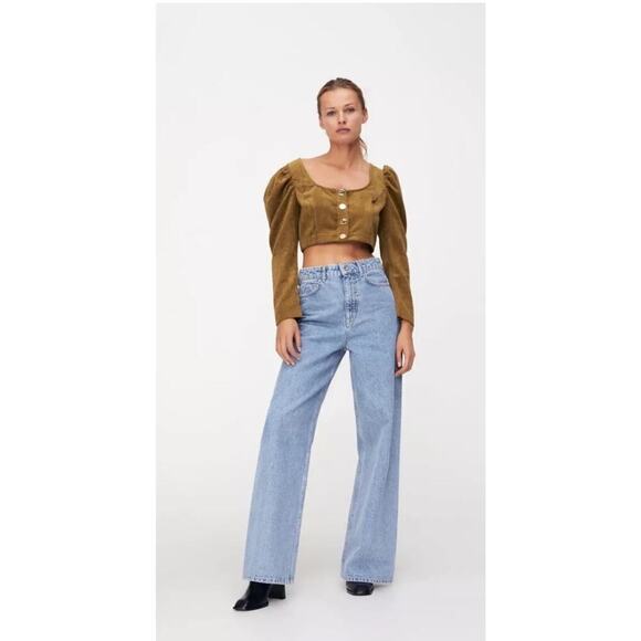 Zara Corduroy Crop Puff Long Sleeve Top Women’s Sz XS Mustard Bloggers Favorite - Picture 2 of 7